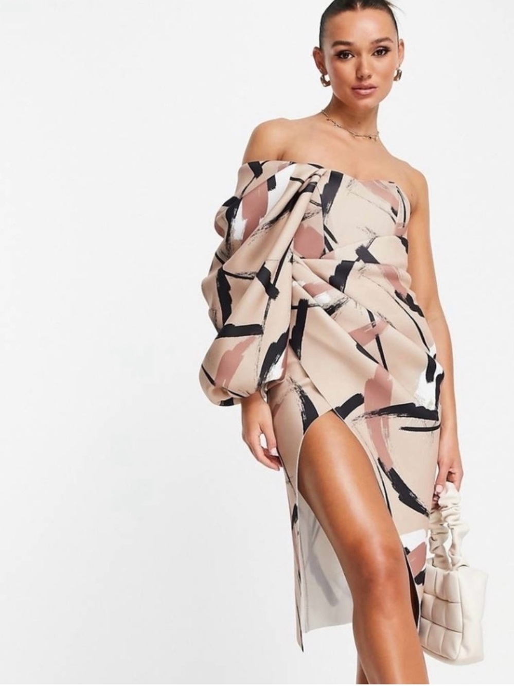 ASOS Abstract Print Midi Dress in Beige